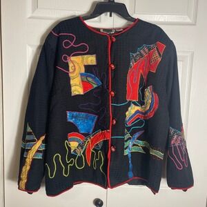 Vintage Maggie Barnes Black Red Abstract Art Jacket Women 2X 90s Button Front